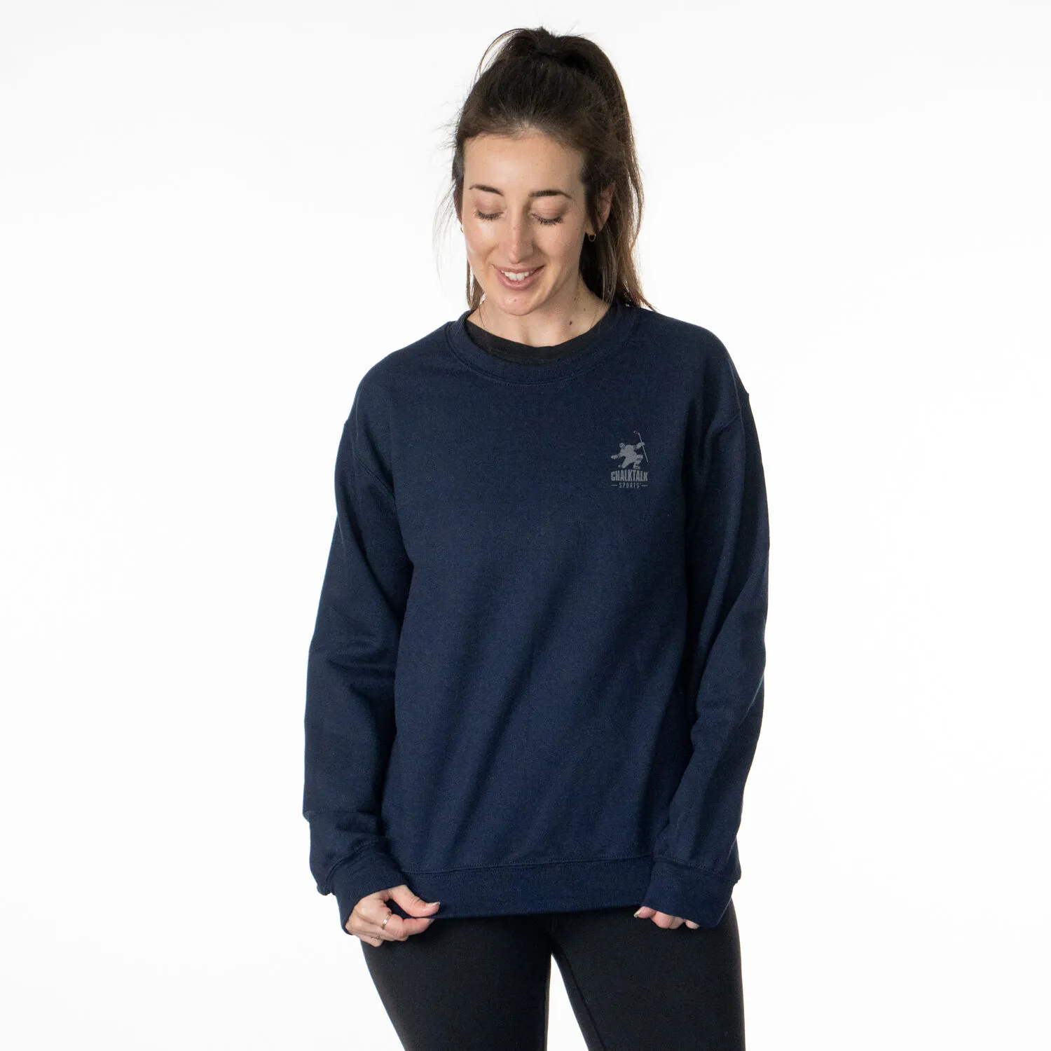 Hockey Crewneck Sweatshirt - The Cold Never Bothered Me Anyway #HockeyMom (Back Design) 
